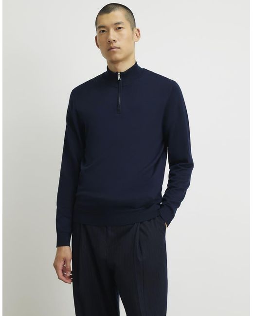 River Island Blue Slim Fit Half Zip Jumper for men