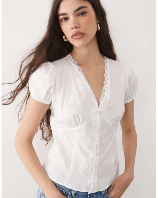 Miss Selfridge White V-Neck Lace Detail Fitted Shirt