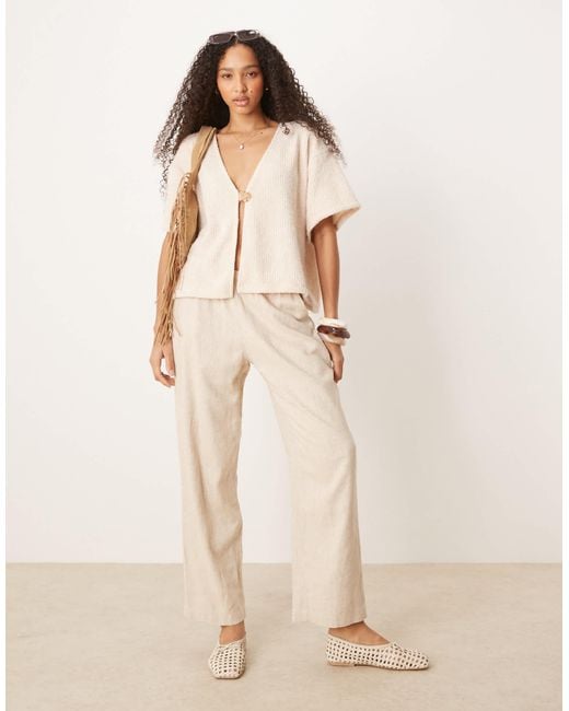 ASOS Natural Fluffy Chenille Short Sleeve Cardigan With Gold Detail Button