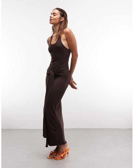 4th & Reckless Brown Soft Jersey Scoop Neck Halterneck Drape Tie Front Maxi Dress