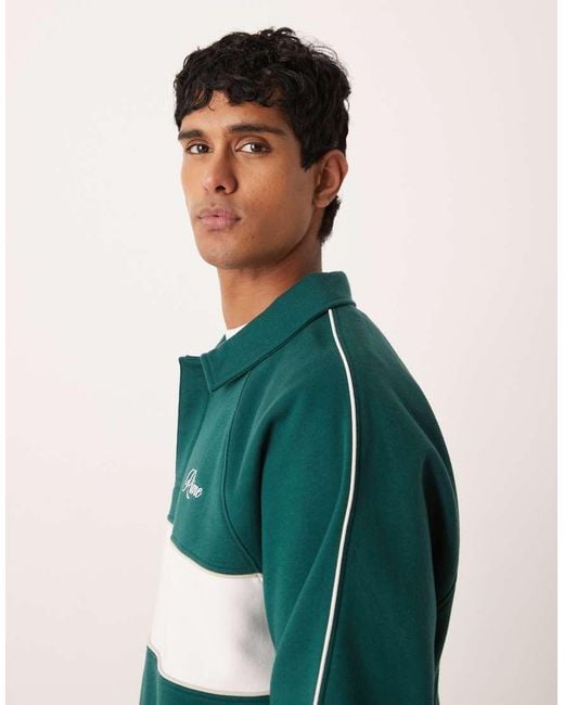 ASOS Green Relaxed Fit Printed Polo Sweatshirt With Cut And Sew Stripe for men