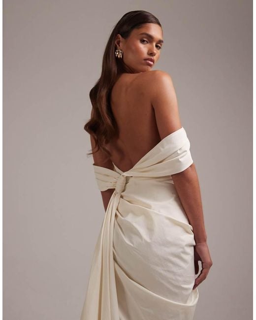 ASOS Brown Taffeta Draped Bardot Tie Back Maxi Wedding Dress