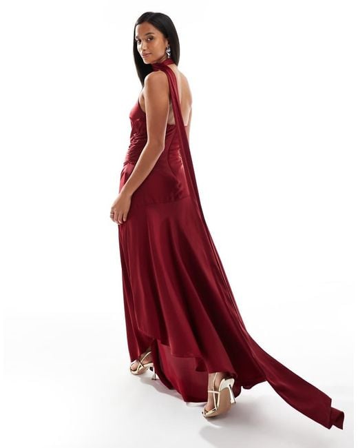 TFNC London Red Bridesmaids Satin Asymmetric Maxi Dress With Scarf Neck