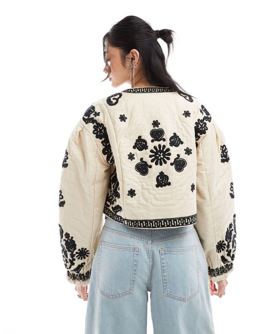 Free People White Tie Detail Embroidered Crop Jacket