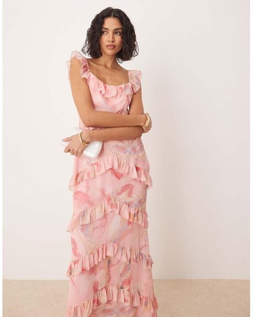 Pretty Lavish Pink Scoop Neck Ruffle Maxi Dress