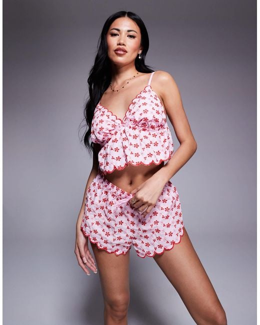 River Island Red Broderie Cami And Shorts Pyjama Set