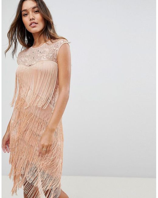 ASOS Pink Asos Fringe & Sequin Sheer Midi Dress