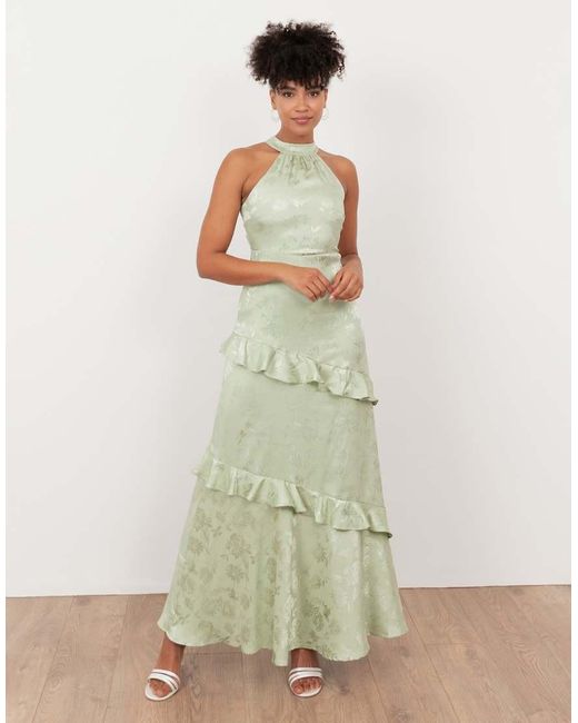 Maya Green Floral Jacquard Satin Halter Neck Maxi Dress