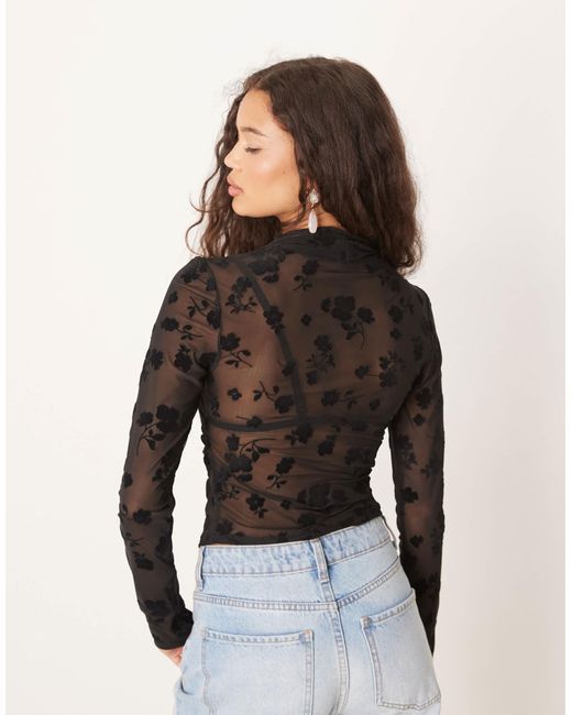 ASOS Black Flock Floral Sheer High Neck Gathered Top With Long Sleeve