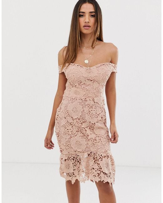 Missguided Natural Lace Bardot Bodycon Dress