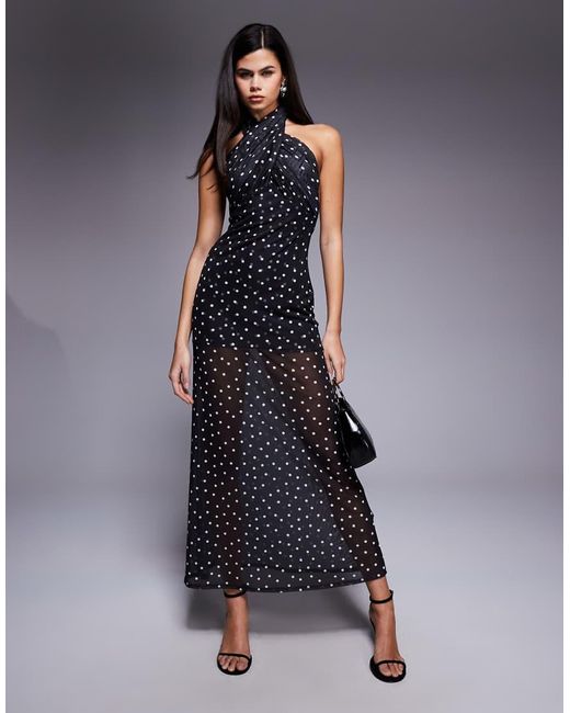 ASOS Blue Mesh Cross Over Halterneck Detail Maxi Dress With Sheer Skirt