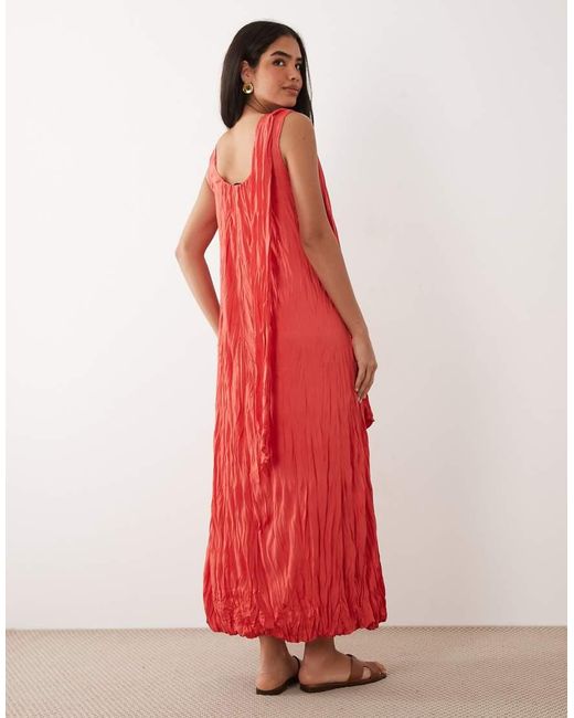 ASOS Red Crinkle Scoop Neck Maxi Dress With Scarf Detail