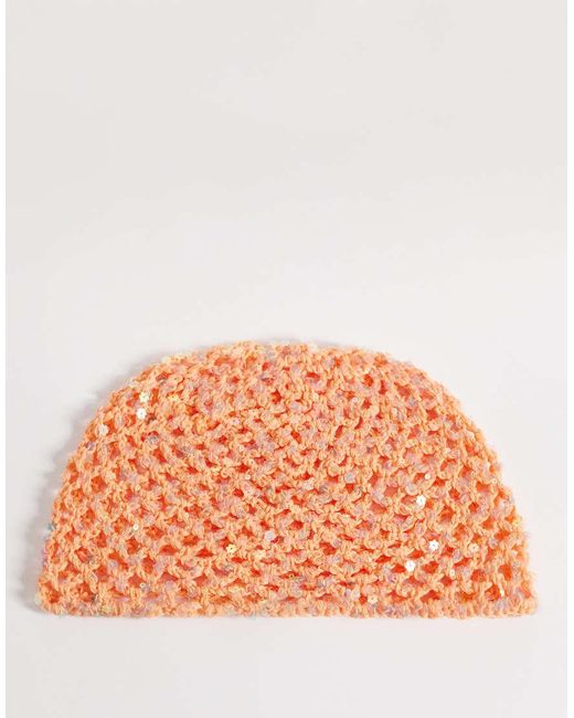 South Beach Orange Crochet Sequin Festival Cap