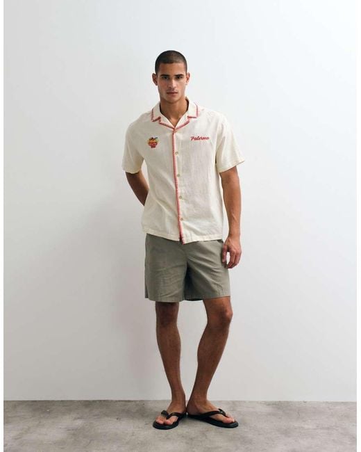 ASOS Natural Relaxed Revere Shirt With Linen And Chest And Border Embroidery for men