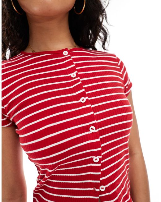 Miss Selfridge Red Stripe Ribbed Button Through Top