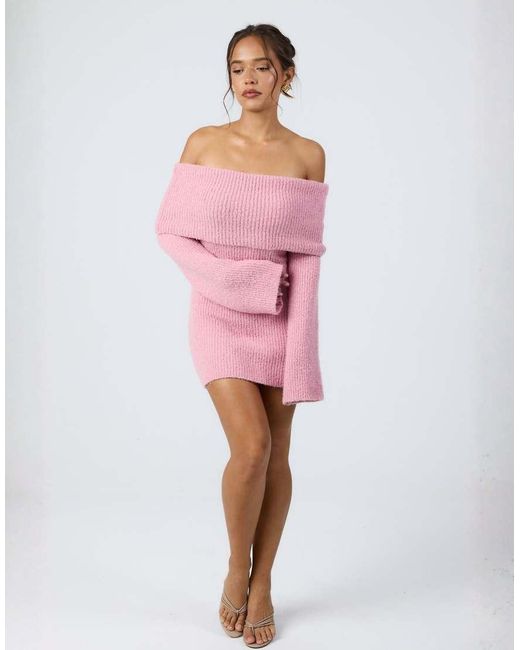 Aria Cove Pink Knitted Bardot Mini Jumper Dress