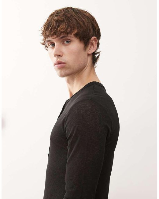 Collusion Black Long Sleeve Mesh Henley Button Down T-shirt for men