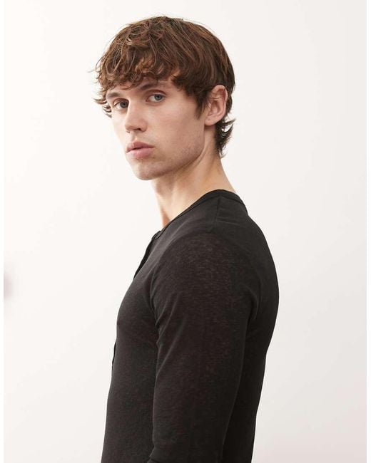 Collusion Henley T-Shirt Van Mesh Met Lange Mouwen En Knopen in het Black voor heren