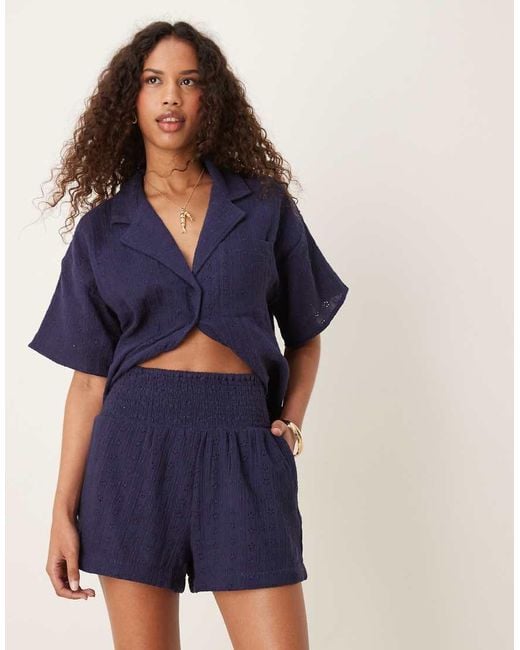 ASOS Blue Broderie Shirred Waist Co-ord Short