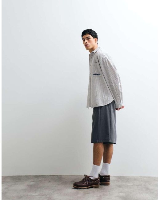 ASOS White Oversized Seersucker Stripe Shirt With Chest Embroidery for men