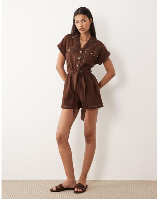 Wednesday's Girl Brown Short Sleeve Tie Waist Playsuit