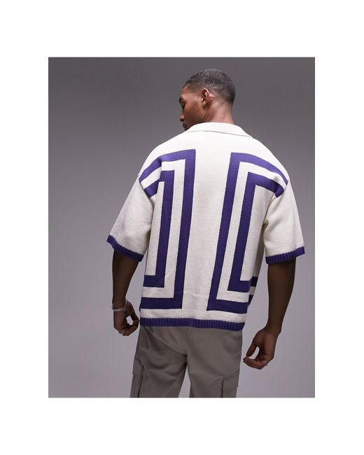 Topman Blue Knitted Crochet Vertical Stripe Button Through Shirt for men