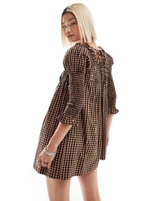 Vestito Punto Smock Corto A Quadri Multicolore Con Laccetti di Free People in Brown