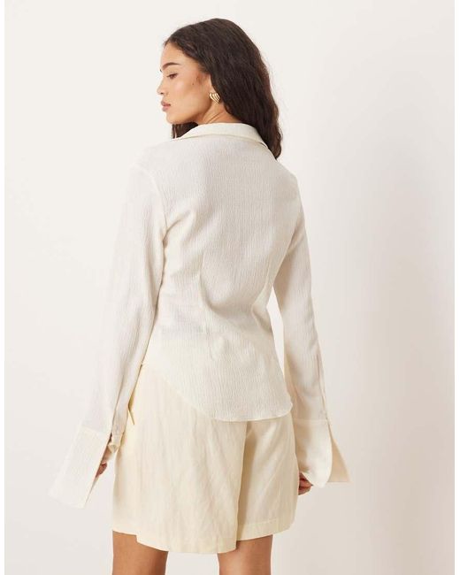 Brave Soul Natural Long Sleeve Button Through Collared Blouse