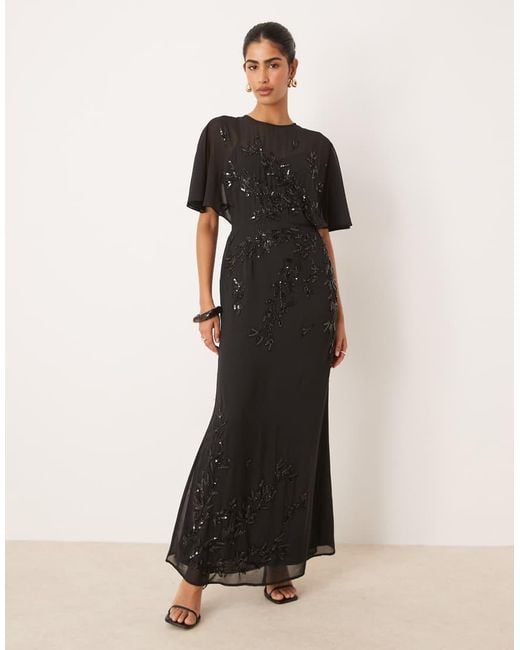 Maya Black Floral Embellished Angel Sleeve Maxi Dress
