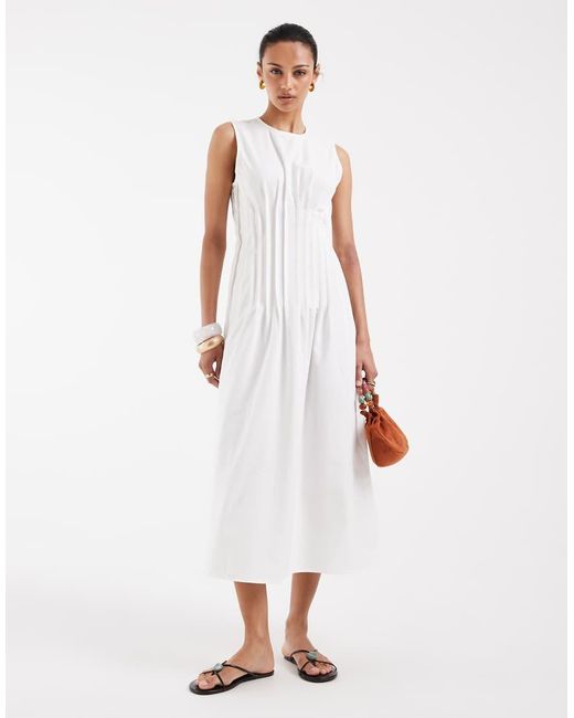 Vero Moda White Poplin Pleated Waist Sleeveless Midi Dress