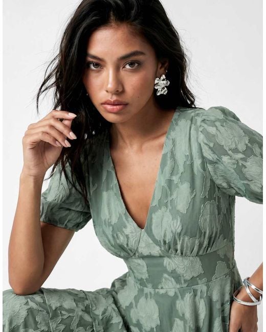 ANAYA Green Floral Burnout Short Sleeve Tiered Maxi Dress