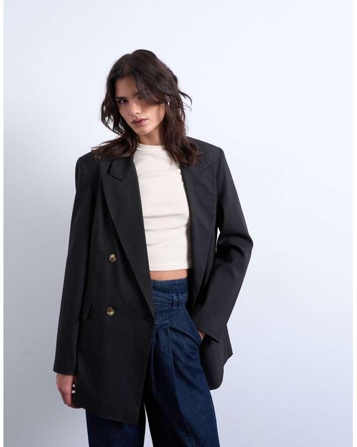 Blazer Oversize Color Cioccolato Scuro Doppiopetto Con Leggero Motivo Gessato di TOPSHOP in Blue