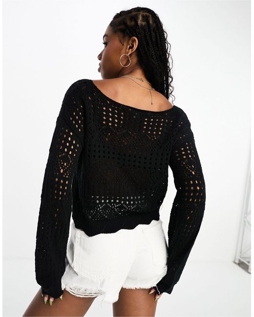 Miss Selfridge Crochet Long Sleeve Jumper in Black | Lyst