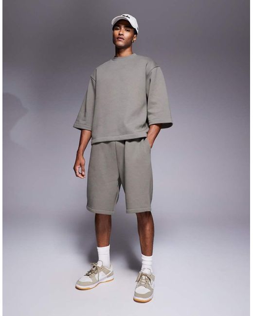 Felpa Kaki Oversize Con Maniche A 3/4 di ASOS in Gray da Uomo