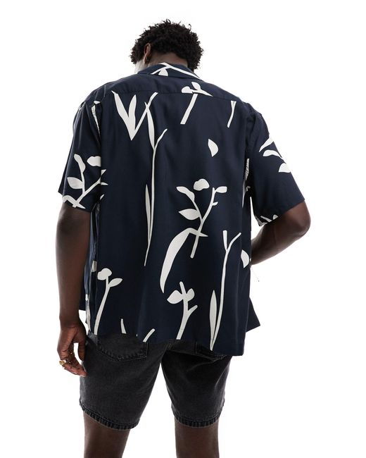 SELECTED Blue Oversized Revere Collar Shirt With Leaf Print for men