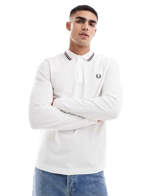 Fred Perry White Twin Tipped Long Sleeve Polo Shirt for men