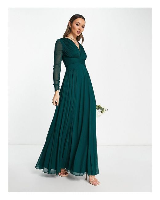 Demoiselle d'honneur - robe longue à manches longues avec taille froncée et  jupe plissée - foncé ASOS en coloris Vert | Lyst