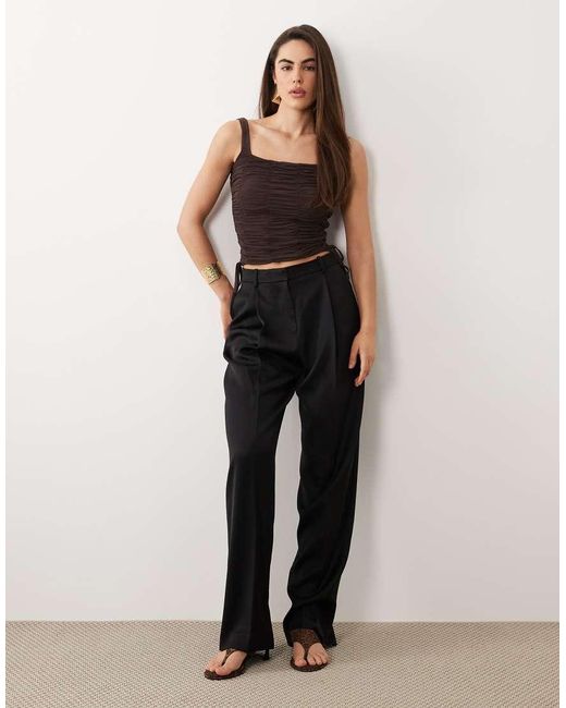 ASOS Black Mesh Ruched Soft Square Top With Drawstring Detail