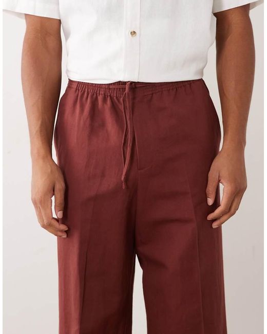 ASOS White Linen Rich Tailored Wide Leg Pull On Pants for men