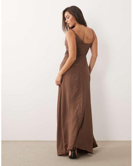 Missy Empire Brown Satin Asymmetric Shoulder Detail Drape Ruched Side Maxi Dress