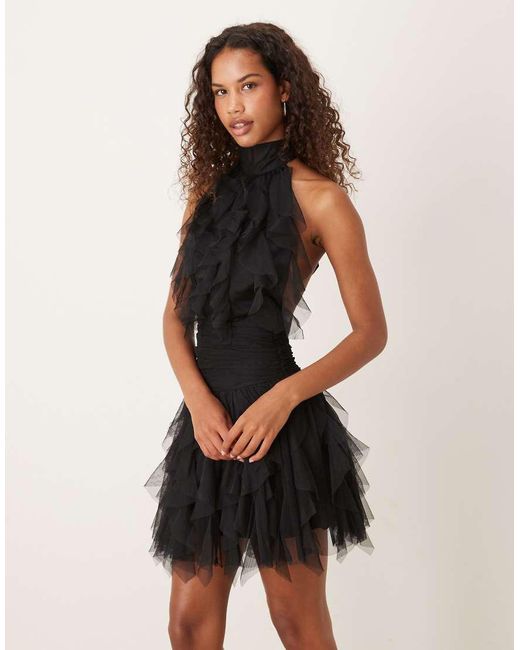 LACE & BEADS Natural Ruffle Halter Drop Hem Mini Dress