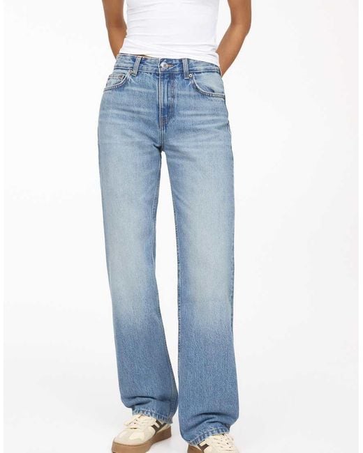 Pull&Bear Blue Mid Waist Straight Leg Jeans