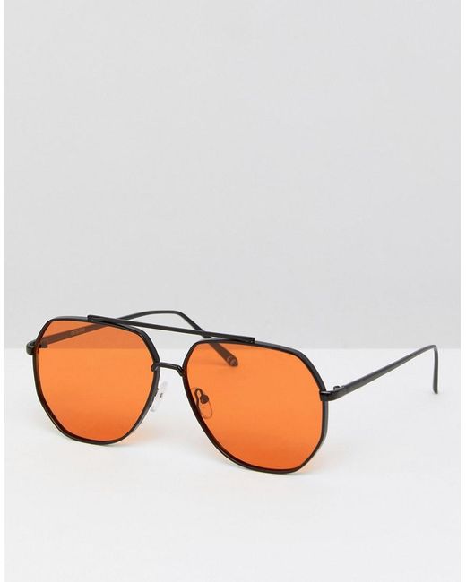 ASOS Asos Black Metal Aviator Fashion Sunglasses With Orange Lens