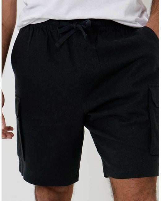 Threadbare Black Linen Blend Cargo Shorts for men