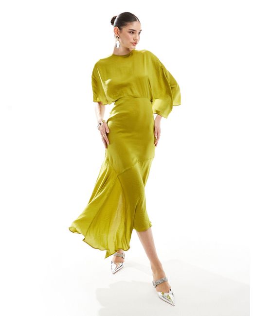 ASOS Yellow Satin Flutter Sleeve Asymmetric Hem Midi Dress