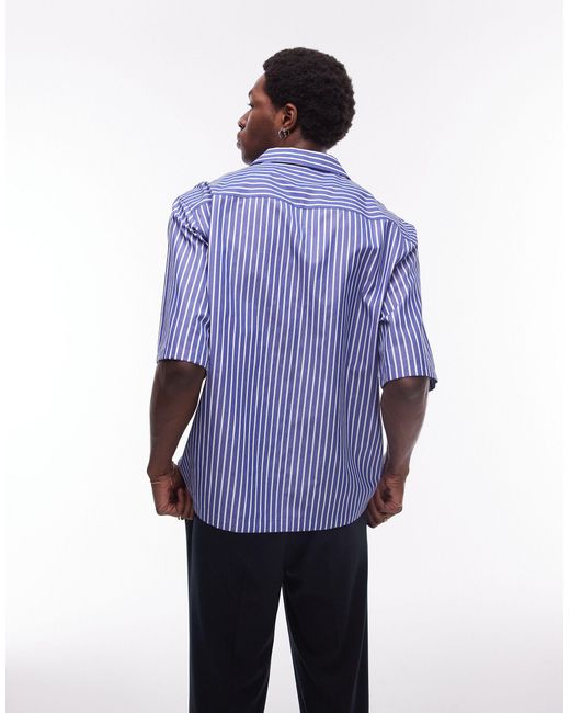 Topman Blue Short Sleeve Boxy Stripe Shirt for men