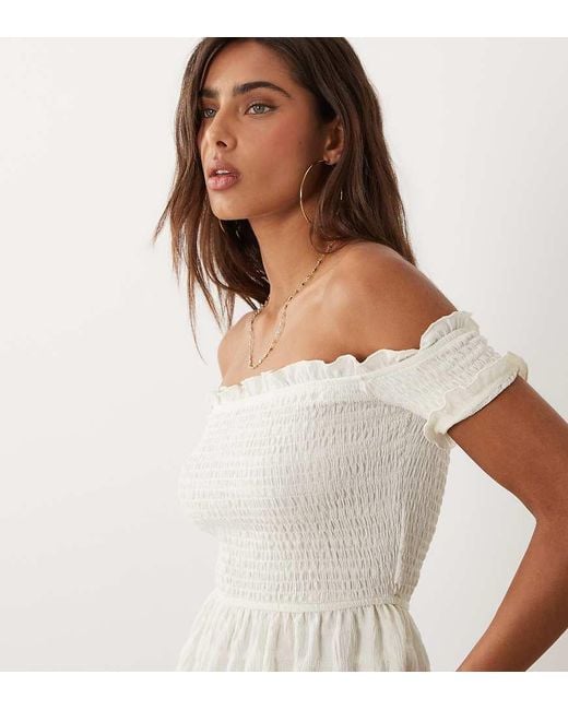 Kaiia White Exclusive Shirred Textured Peplum Bardot Top
