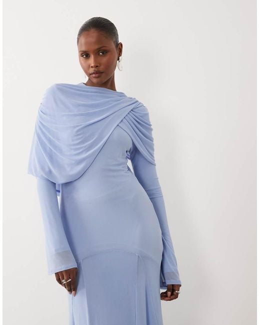 ASOS Blue Modesty Mesh Maxi Dress With Overlay Draped Neckline Detail