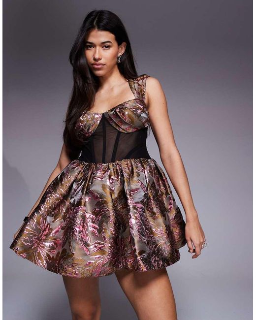 ASOS Multicolor Jacquard Mini Dress With Corset And Puff Skirt