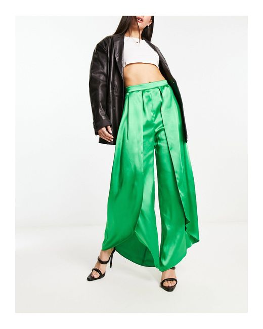 River Island Coord Wrap Over Wide Leg Satin Trouser in Green Lyst